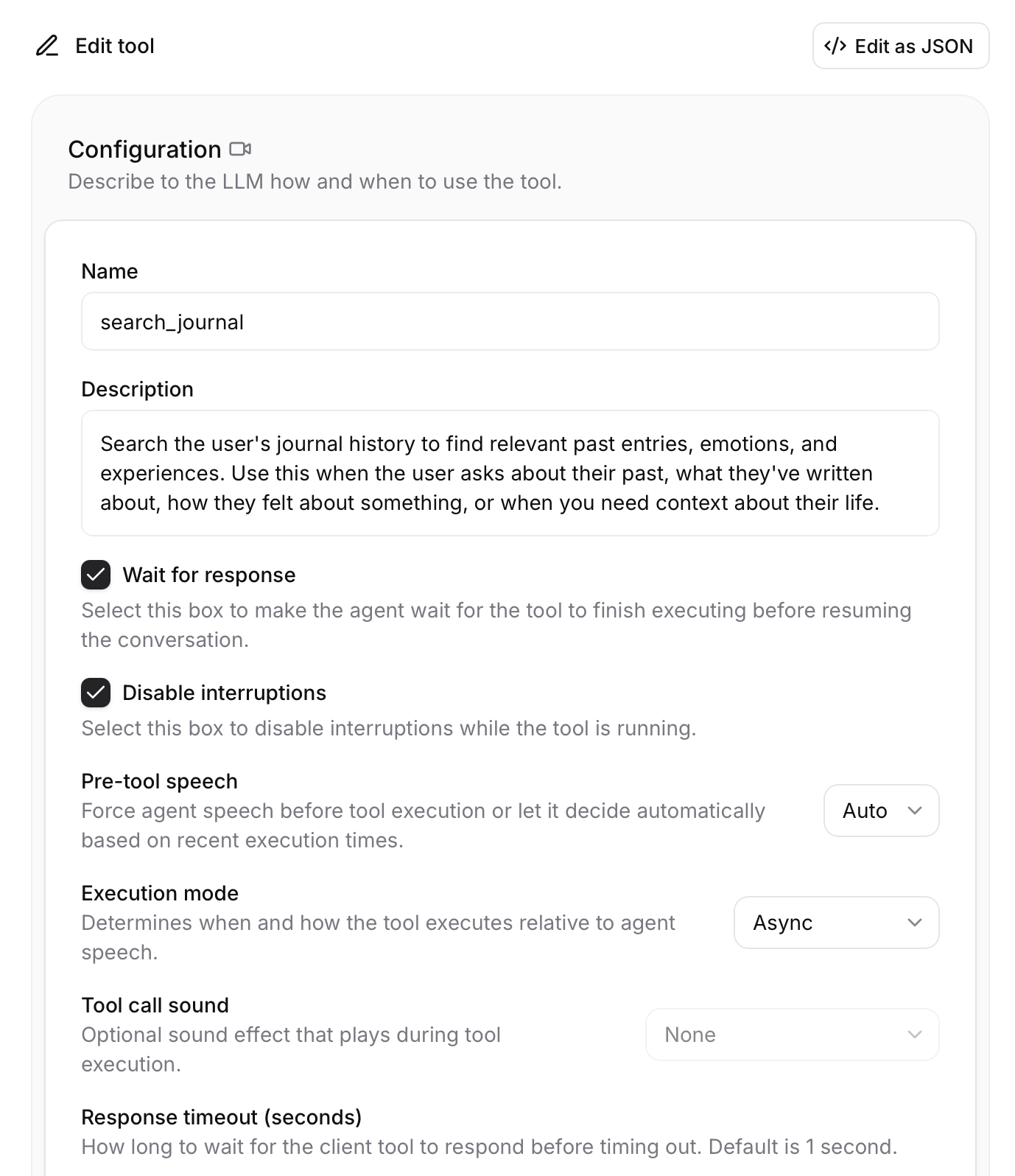 ElevenLabs client tool configuration showing search_journal settings